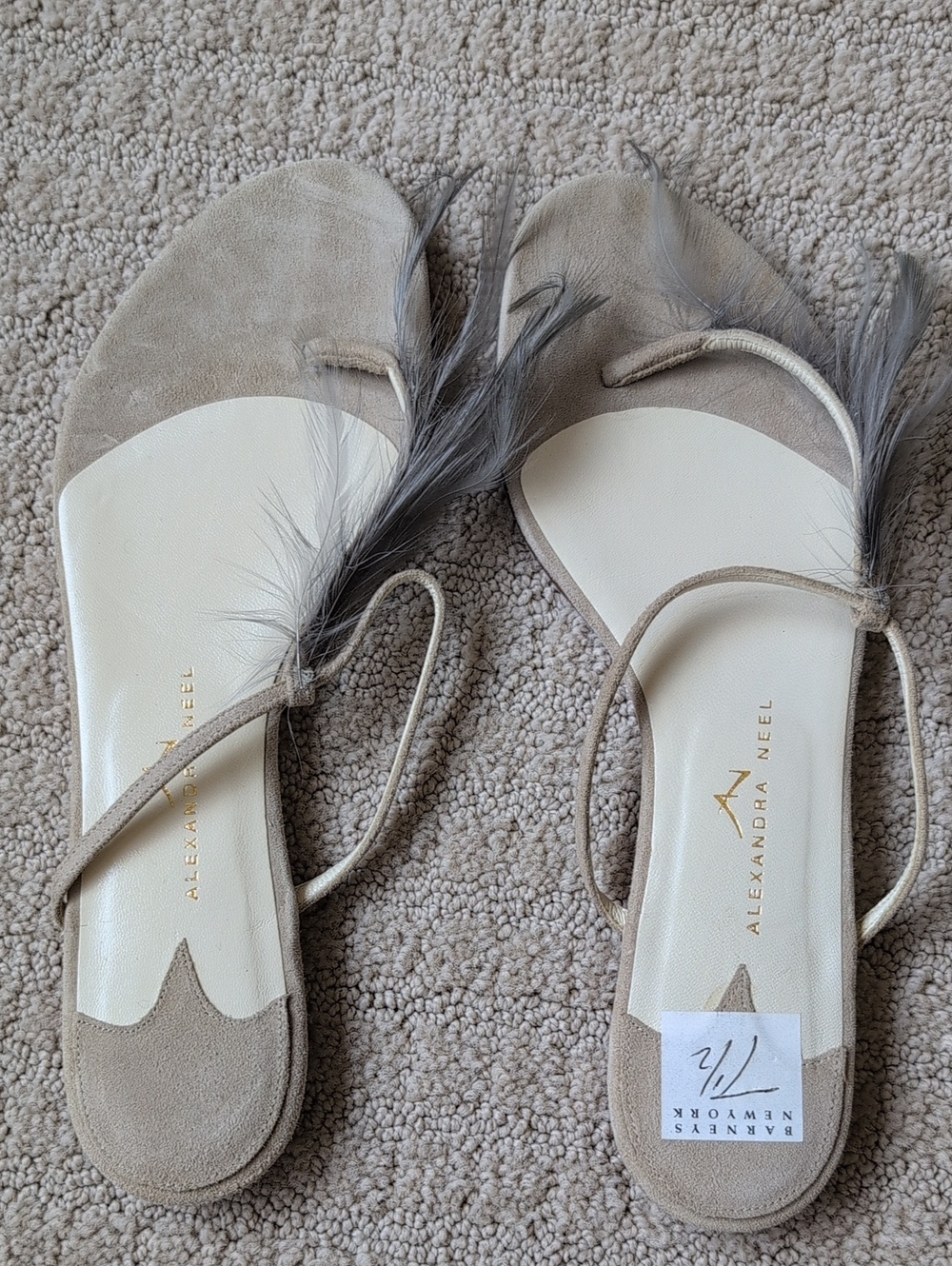 Alexandra Neel Beige Suede Feather-Trim Toe-Loop Sandals